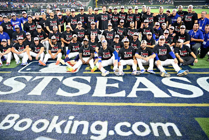 The Texas Rangers pose for a group photo after sweeping the Baltimore Orioles in Game 3 of the ALDS Tuesday night at Globe Life Field.